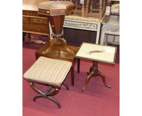 Victorian occasional furniture, to include; commode stool, fixed top tripod low occasional table, walnut and inlaid octagonal