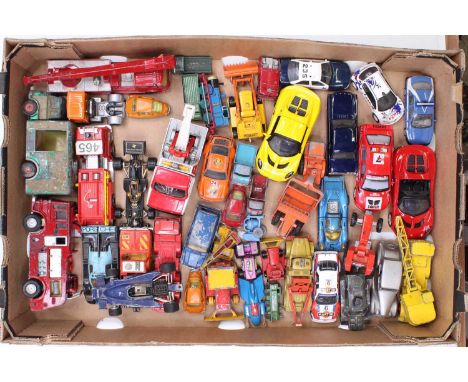 A tray of mixed play worn diecast model cars, with examples including a Corgi Toys Ford Consul Cortina, a Heinkel Bubble Car,