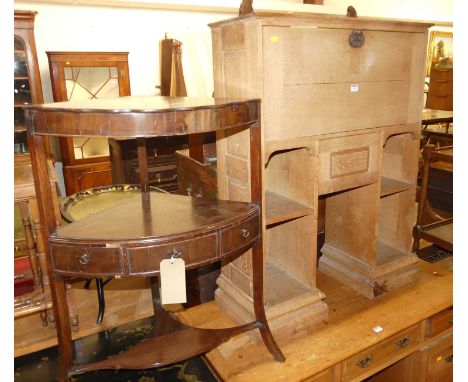 A 1930s light oak student's bureau together with ;An early 19th century mahogany bowfront two-tier corner washstand w.82cm