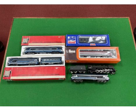 Five HO Scale SNCF (French) locomotives by Jouef and Lima: a CC 70 Diesel; a BB 67 diesel with a blue Fourgon van; a CC 40 el