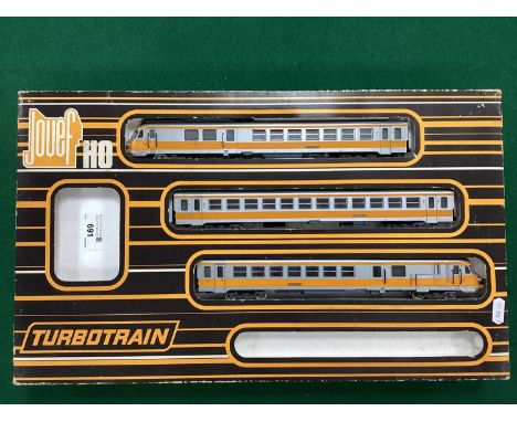 A boxed Jouef HO sale SNCF Turbotrain in orange and grey livery, (train set box missing track), playworn and untested.
