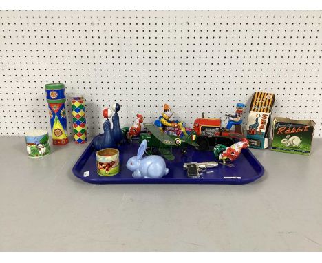 A Quantity of Modern Reproduction Tinplate and Plastic Toys to include Tractor, Clockwork Clown on Motorbike, Hens, Kaleidosc