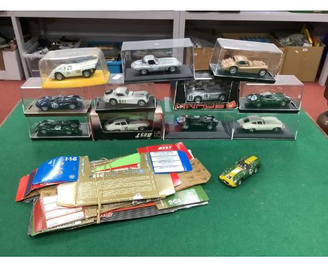 Twelve 1:43rd Scale Diecast and White Metal Model Cars by Brumm, Western Kits and other. Jaguar variants noted, mostly cased.