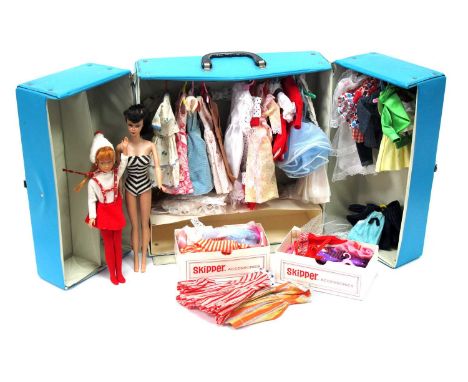 A Circa 1960 Barbie Doll by Mattel. Brunette with Curls and Ponytail, Blue Eyes, Blue Eye Shadow, Red Fingernails, Red Toe Na