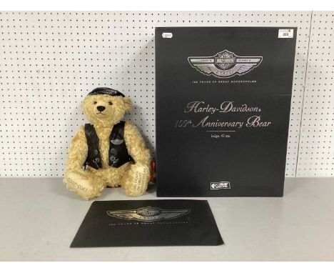 A Modern Steiff Harley-Davidson 100th Anniversary Bear Beige #666476. With Tags, Hat and Gambler Vest. Pin To Gambler Vest No