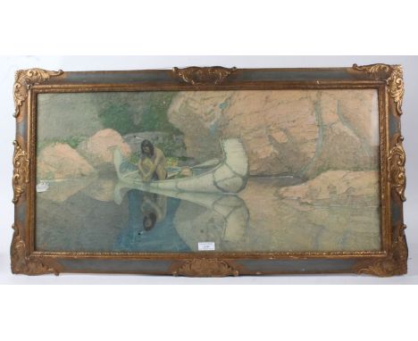 After Robert Wesley Amick, a 20th Century print depicting a Native American sat in a canoe, housed in a gilt and glazed frame