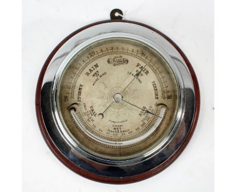 20th century chrome cased barometer, with wooden back, barometer 17cm diameter including case