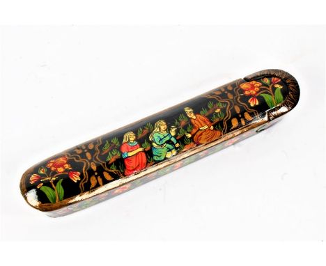 Persian black lacquered scribes pen case, painted with kneeling figures, with contents of four pens to include an Osmiroid (5
