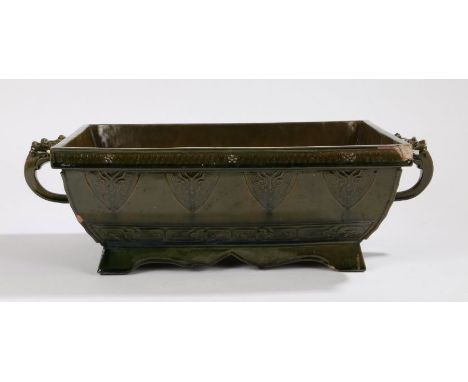 Chinese terracotta green glaze Bonsai tree planter, Qing dynasty 19th Century, the rectangular body with tapered sides flanke