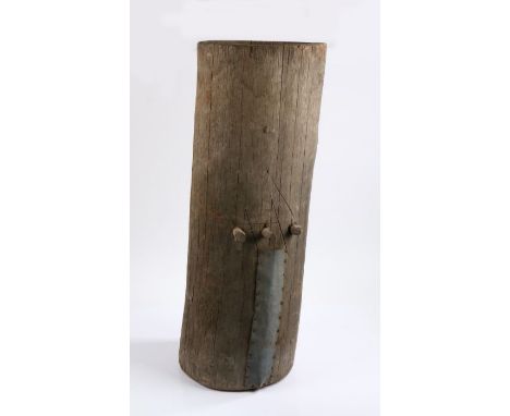 French Ardeche Mountain Beehive, the hollow trunk and pegs to the front above the metal plate, 89cm high