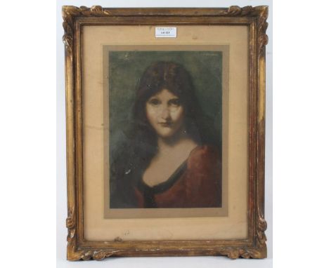 After Jean Jacques Henner, portrait of a woman in a red cloak, the print housed in a gilt frame, the frame 34cm x 43cm&nbsp;