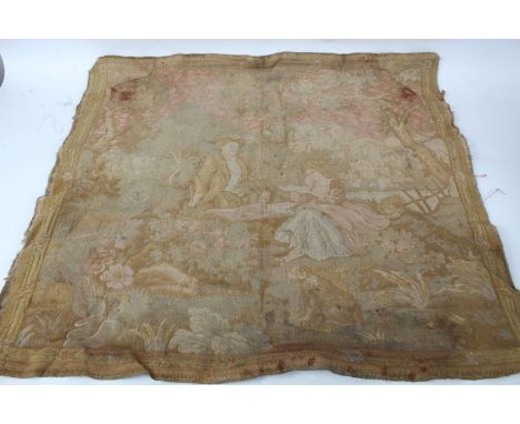 Section of possibly 18th Century tapestry, depicting a couple and a dog sat in a forest, 77cm x 69cm&nbsp;