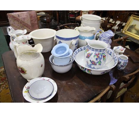 Collection of Victorian and later ceramic and enamel toilet ware, to include Losol Ware, Old Willow pattern pail, various was