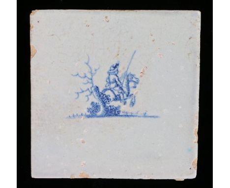 18th Century blue and white Dutch Delft tile, depicting a horseman passing a tree, 12.5cm x 12.5cm