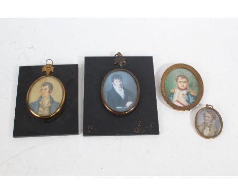 Three hand painted miniature portraits, 19th century, each of gentlemen, and a an ebonised miniature frame housing a portrait