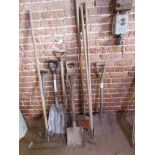 Corn shovel, yard broom, sugar beet forks, hoe,