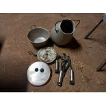 Old milking equipment, milking cluster, churn lid, scale,