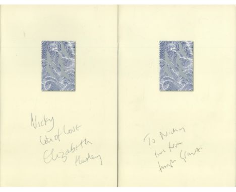 Hugh Grant and Elizbeth Hurley signed British Airways First Class dinner menus. Dedicated. Good condition. All autographs com