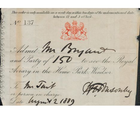 Major General Sir Henry Ponsonby ALS and ticket to view Royal aviary at Windsor. Queen Victorias private secretary. Good cond