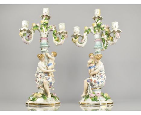 A Pair of Late 19th/Early 20th Century German Porcelain Three Branch Candelabra, the Support Modelled with Maiden and Child, 