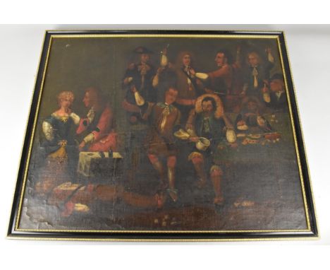 A 19th Century Mounted and Framed Oil on Canvas, Gambling Den Scene with Gents Playing Dice and Cards, Fighting, Dead Body an