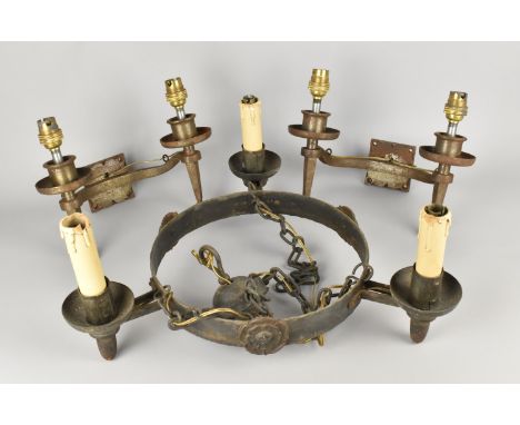A Gothic Style Circular Three Branch Ceiling Chandelier with Chain Hangers, 27.5cms Diameter together with a Pair of Two Brac