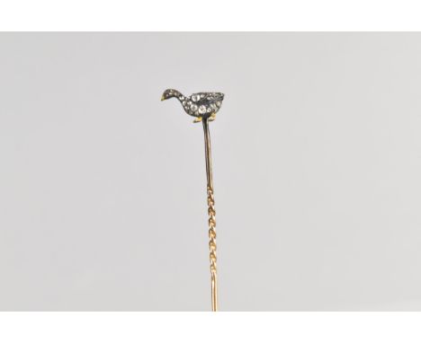 An Antique Diamond, Ruby and Enamel Mounted Stick Pin, Goose, Mixed Rose Cut and Old Cut Diamond Encrusted Body in White Meta