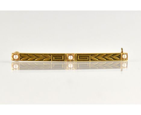 A Late Victorian/Edwardian 14ct Gold Tie Pin/Bar Brooch, having Three Grain Set Seed Pearls and Engraved Greek Key and Olive 