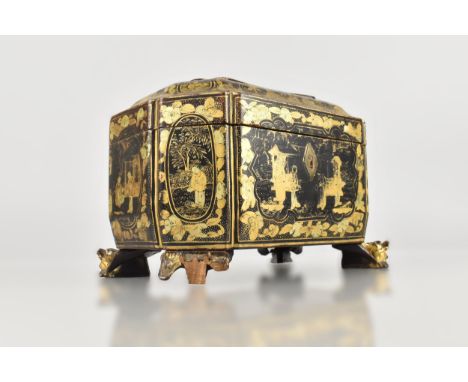 A Chinese Qing Dynasty Export Lacquer Tea Caddy, 19th Century, of Sarcophagus Form Decorated in Gilt with Figures, Pavilions 