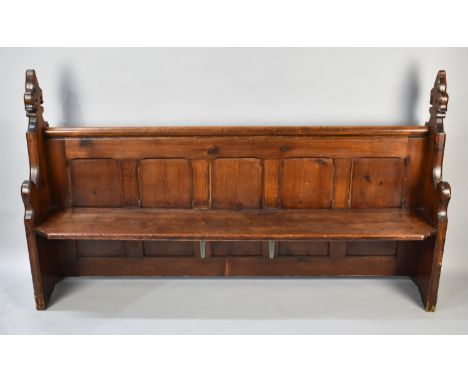 A Victorian Gothic Five Panel Pitch Pine Pew with Fleur De Lys Finials, Later Cushion Pad Seat, 183cm Long