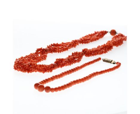 Antique gold clasped Coral necklaces. Longest length measures approx. 47.5cm. Restringing evident on smaller necklace. Weighs