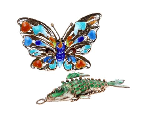 Collection of Sterling Silver Chinese Export Jewellery inc. Articulated Fish and Butterfly. Butterfly measures approx. 5.2 x 