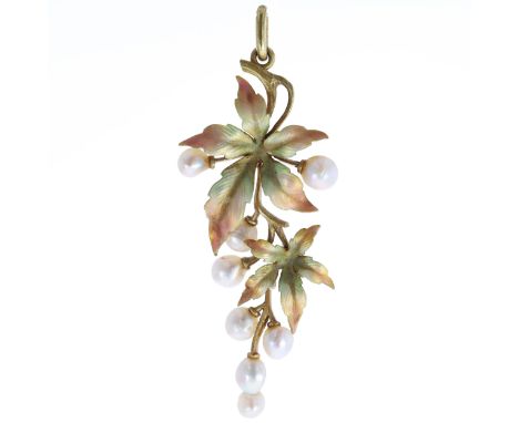 Art Nouveau 18ct Gold Enamel Foliate Pendant with Pearl Accents. This piece is stamped 18ct on its reverse. The pendant measu
