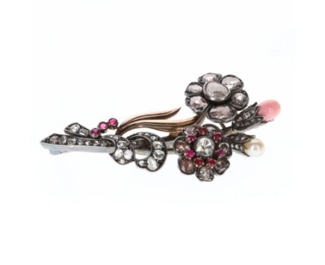 14ct Gold and Silver Old Cut Diamond Floral Spray Brooch with ruby, pearl and coral accents. This piece is stamped 14k and si