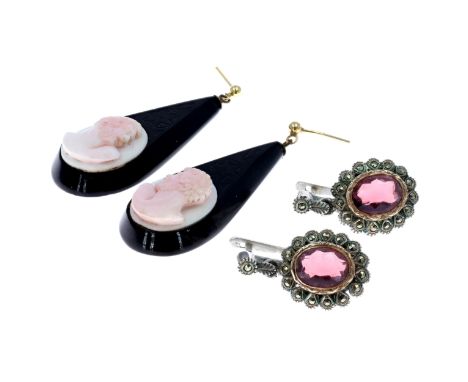 Antique Coral, Jet and Amethyst Silver and Gold Drop Earrings. Both have been XRF tested, 9ct and 925. Jet earrings measure a