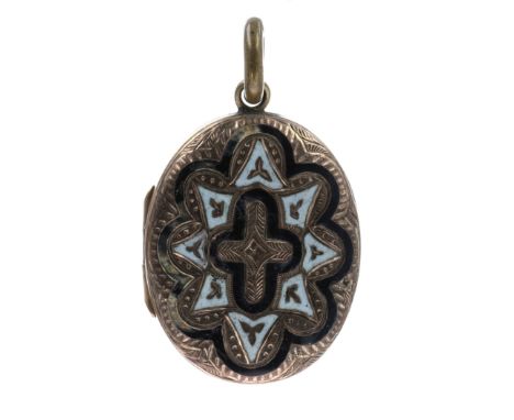 Antique gold back and front enamel locket pendant. XRF tested as 9ct. Measures approx. 1.6 x 2.8cm. Weighs 4.1g. Some areas o