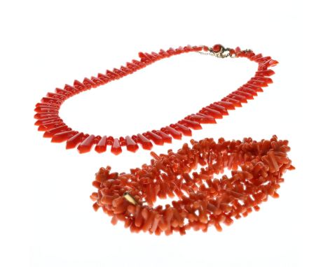 Collection of antique Coral necklaces w/ 9ct gold clasps. Multi strand necklace measures approx. 46cm. Both have been tested 