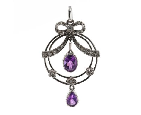 Diamond and Amethyst 9ct White Gold Pendant. Measures approx. 4 x 2.2cm. Stamped on the bail. Weighs 3.3g.