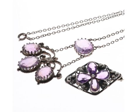 Antique amethyst silver brooch and necklace. Brooch is stamped sterling silver and necklace has been XRF tested as .850. Neck