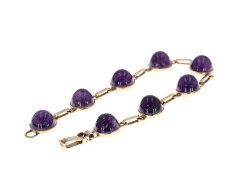 9ct Gold domed Amethyst panel bracelet. Measures approx. 20cm. Tested to 9ct gold. Weighs in total 18g