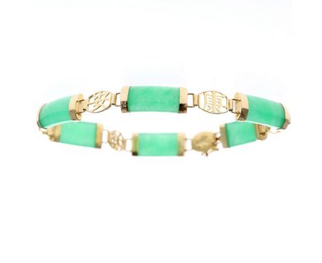14ct gold Jade panel bracelet. Measures approx. 19cm. Stamped on the clasp. Weighs in total 8.7g