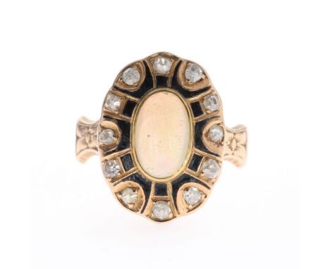 Gold opal, diamond and enamel ring. Stamped on inner band, UK ring size N. Weighs 4.9g.