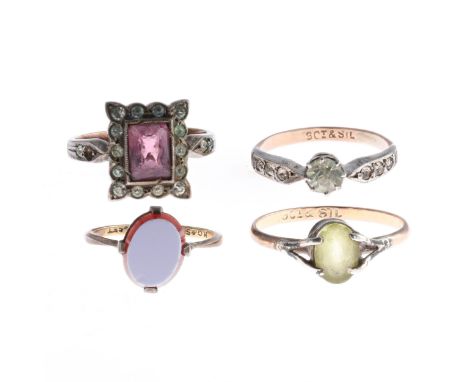 Assortment of rings inc. Agate, Amethyst and paste. XRF tested to 9ct and 925 silver. Weighs in total 7.7g. Signs of age and 