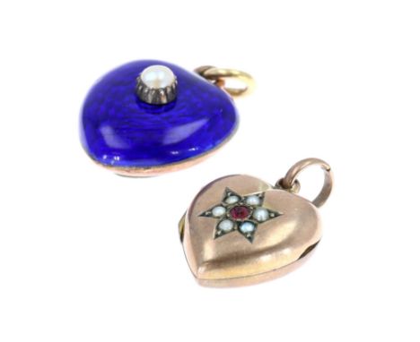 Collection of Victorian low carat gold mourning pendants inc. locket, gemstone and enamel. Larger heart measures approx. 2.1 