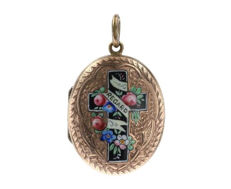 Victorian 9ct back &amp; front locket pendant with enamel 'regard' cross. Measures approx. 4.2 x 2.6cm. Wear to the plating o