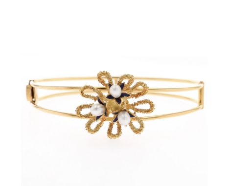 Gold Pearl and enamel floral bangle. Measures approx. 6.5cm internal diameter. Stamped on the clasp. Pearls not tested. Weigh