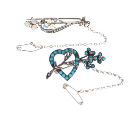 Collection of 900 silver gemstone brooches inc. Turquoise and Opal. Opal brooch measures approx. 3.7cm. Turquoise brooch is s
