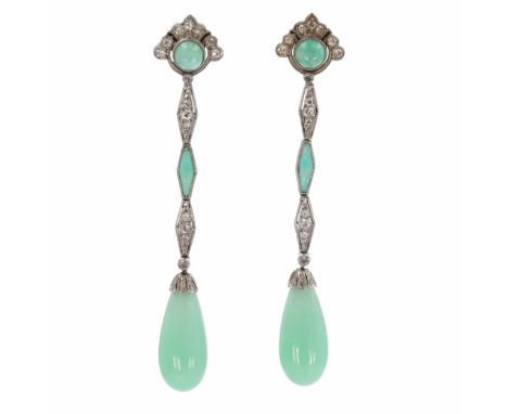 Platinum Jade &amp; Diamond Drop Earrings with Silver Posts. Tested to platinum &amp; 925. Drop measures approx. 6cm. These e