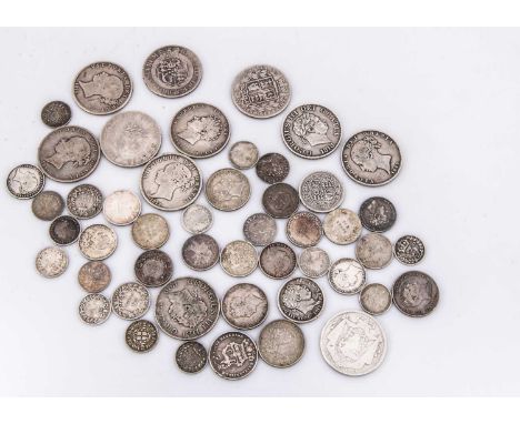 A collection of British silver coinage, ranging from  George III through to Victoria, mostly worn or F, including Half Crowns