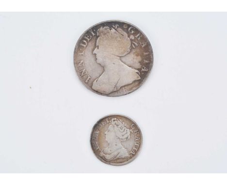 Two British Silver Queen Anne coins, including a 1707 Crown (worn), and a 1711 Shilling (Fair)